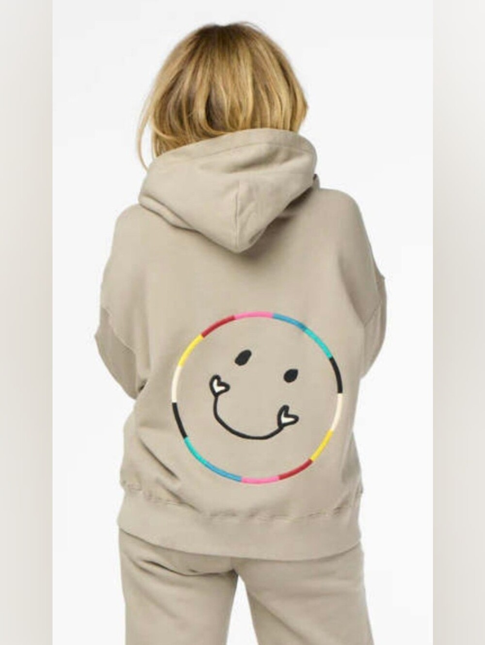 Kerri Rosenthal Beige Boyfriend Hoodie with Color-Block Smiley Back Size Large